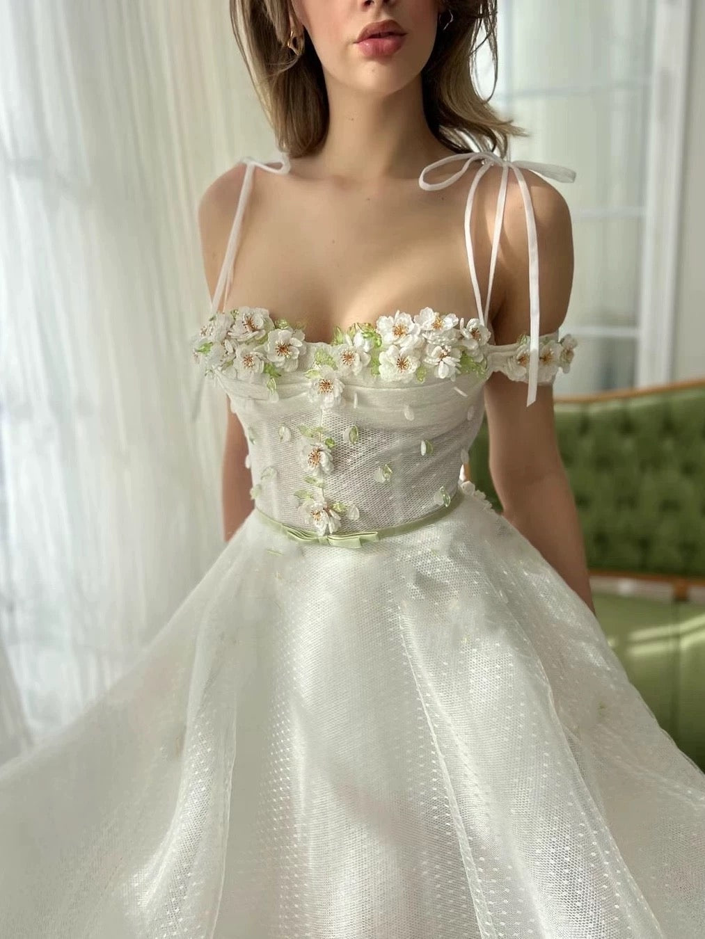 Modest A line Spaghetti Straps White Tulle Ankle Length Prom Dress Formal Dresses - View 5 | VelvetHem