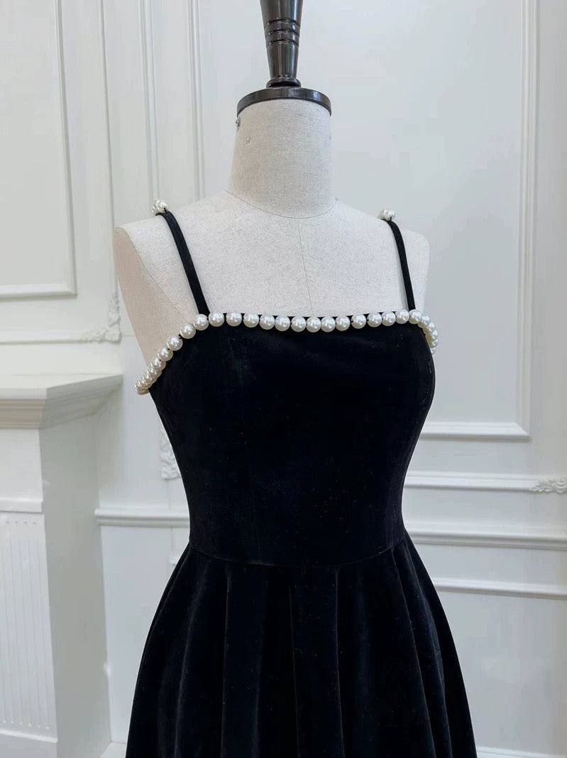 Modest A line Spaghetti Straps Black Velvet Pearls Prom Dress Formal Dresses - View 3 | VelvetHem