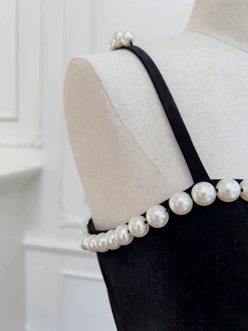 Modest A line Spaghetti Straps Black Velvet Pearls Prom Dress Formal Dresses - View 5 | VelvetHem