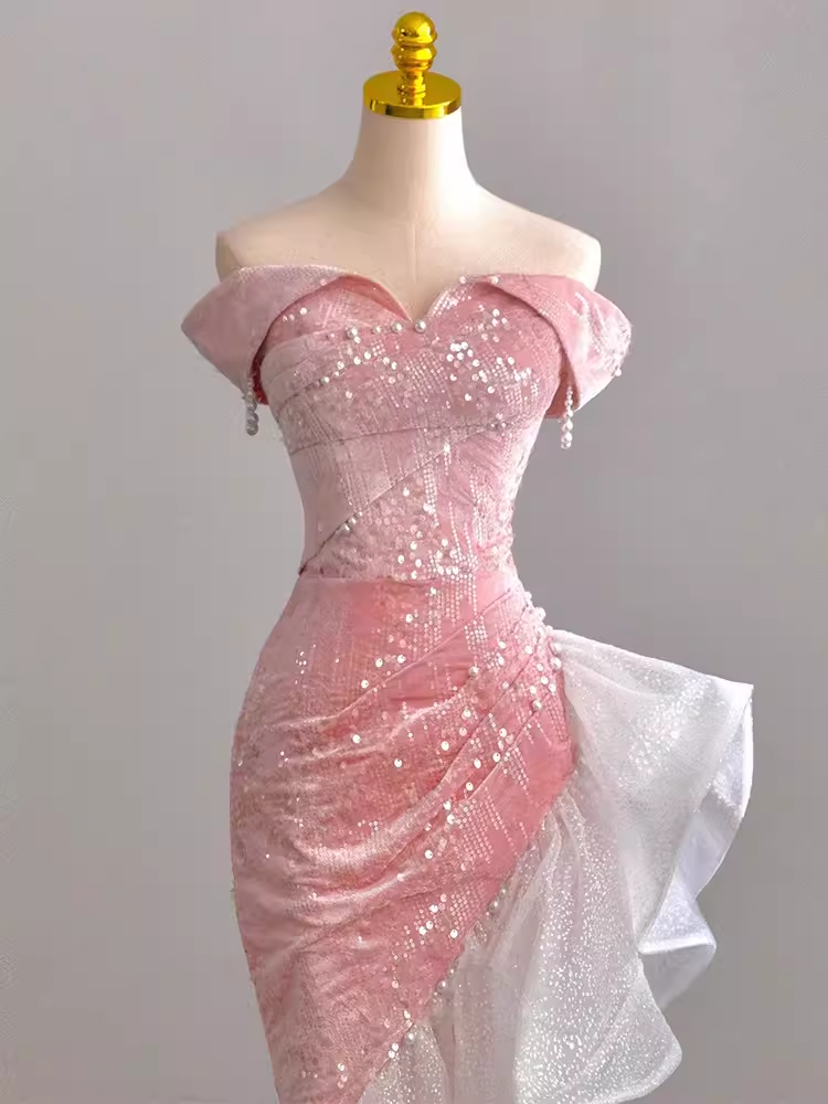 Sexy Mermaid Off The Shoulder Velvet Pink Long Prom Dresses Birthday Outfits
