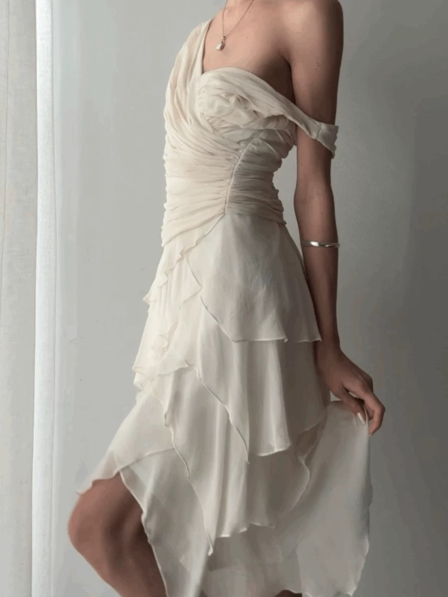 Sexy High Low V Neckline Chiffon Ivory Prom Dress Formal Dresses