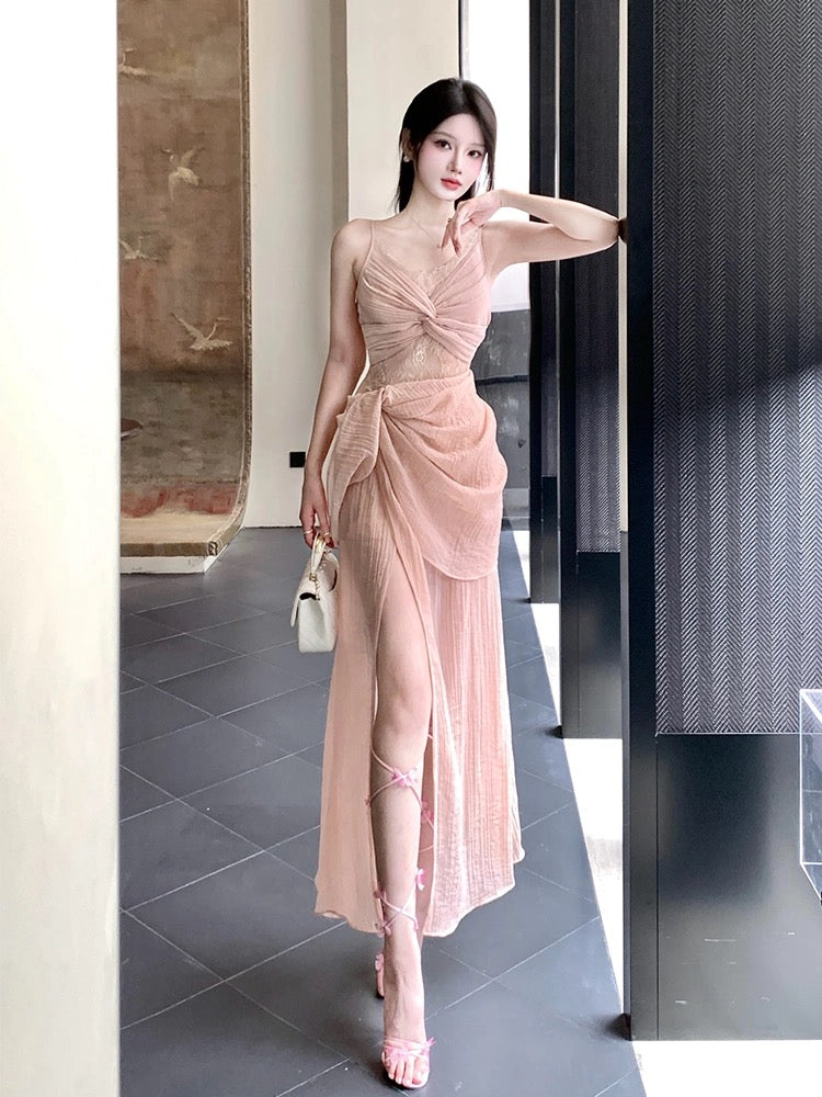 Pretty Sheath Spaghetti Straps Pink Prom Dresses Slit Evening Dress With Lace - View 5 | VelvetHem