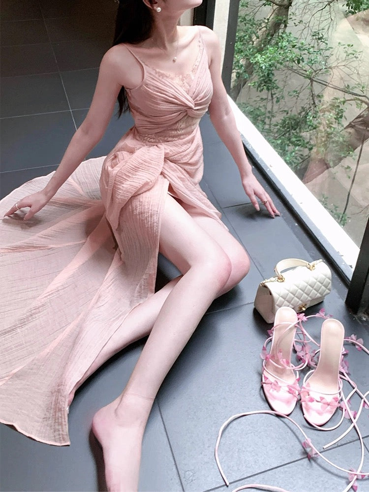 Pretty Sheath Spaghetti Straps Pink Prom Dresses Slit Evening Dress With Lace - View 2 | VelvetHem