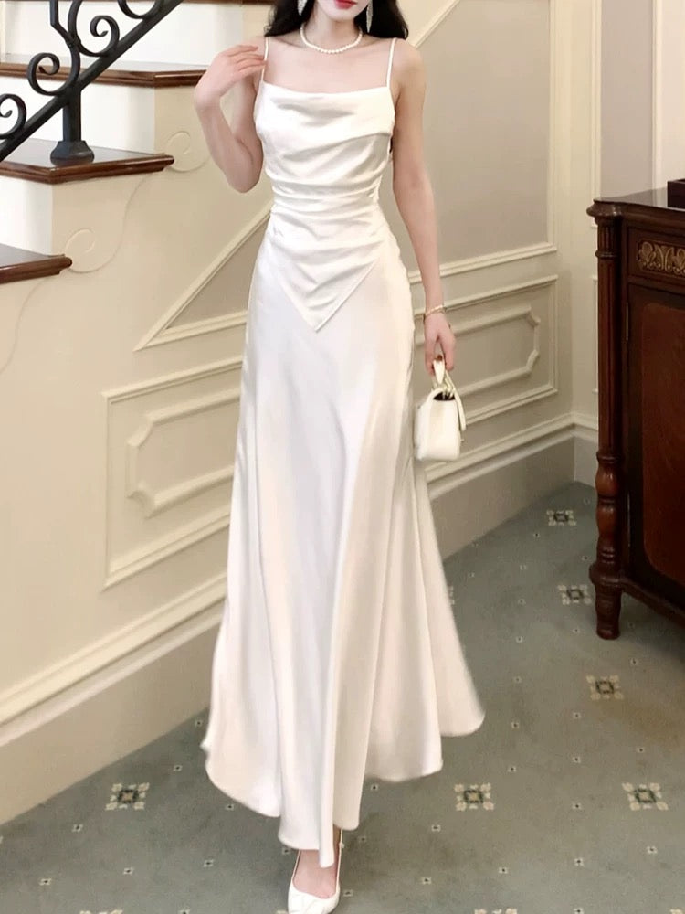 Modest Sheath Spaghetti Straps White Long Prom Dresses Sexy Evening Dress