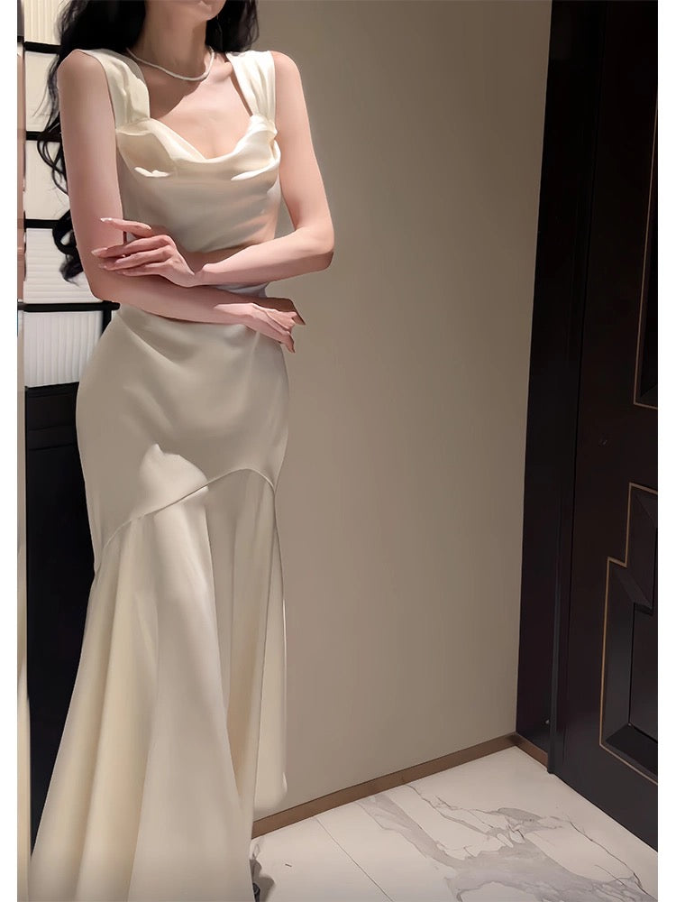 Pretty Mermaid Straps Ivory Silk Satin Long Prom Dresses