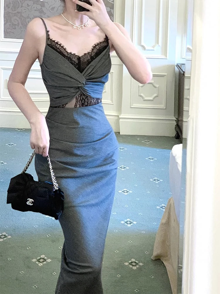 Sexy Sheath Spaghetti Straps Gray Long Length Prom Dresses Evening Dress - View 2 | VelvetHem