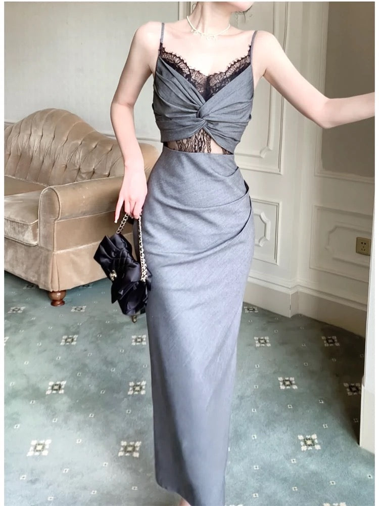 Sexy Sheath Spaghetti Straps Gray Long Length Prom Dresses Evening Dress