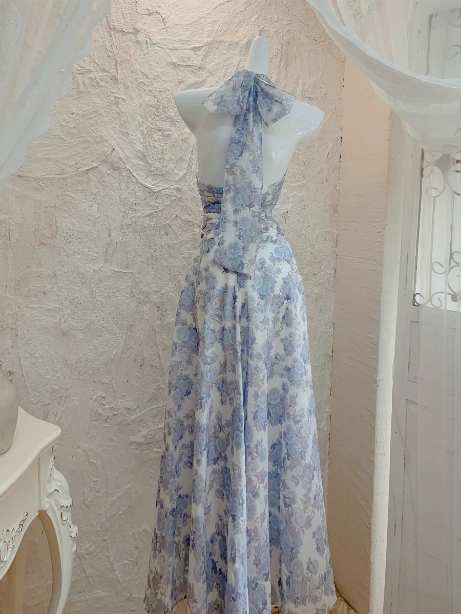 French A line Halter Lilac Floral Long Chiffon Prom Dresses Evening Dress - View 4 | VelvetHem