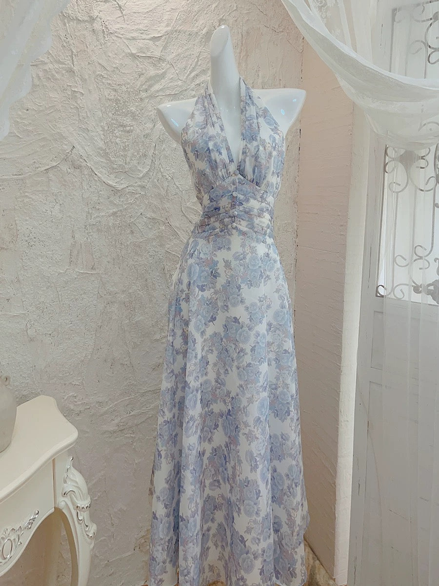 French A line Halter Lilac Floral Long Chiffon Prom Dresses Evening Dress - View 2 | VelvetHem
