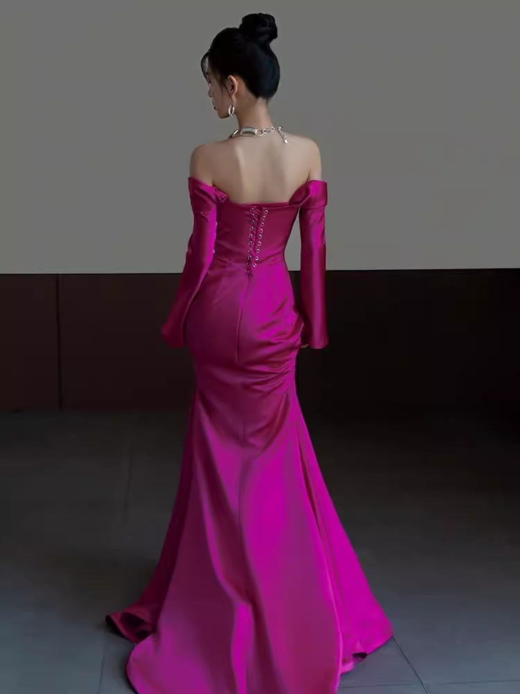 Sexy Mermaid Off The Shoulder Hot Pink Long Sleeves Prom Dresses Satin Birthday Outfits - View 2 | VelvetHem