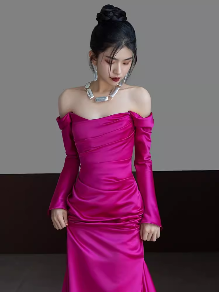 Sexy Mermaid Off The Shoulder Hot Pink Long Sleeves Prom Dresses Satin Birthday Outfits - View 5 | VelvetHem