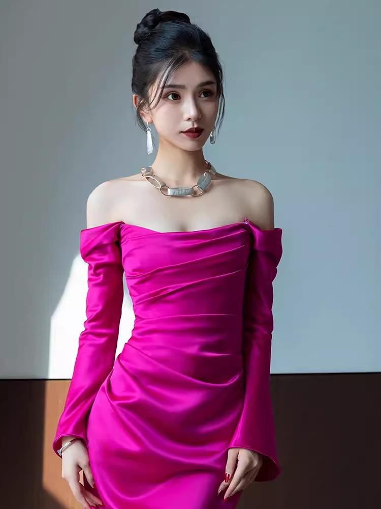 Sexy Mermaid Off The Shoulder Hot Pink Long Sleeves Prom Dresses Satin Birthday Outfits - View 4 | VelvetHem