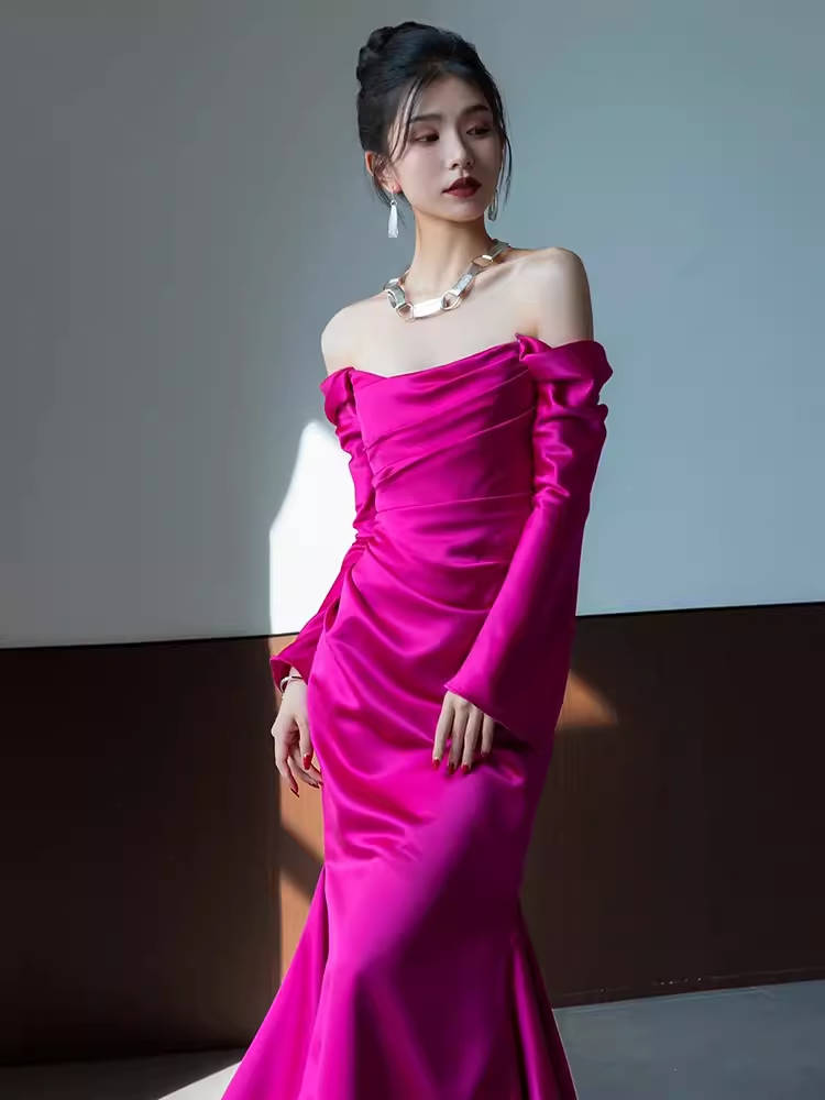 Sexy Mermaid Off The Shoulder Hot Pink Long Sleeves Prom Dresses Satin Birthday Outfits - View 3 | VelvetHem