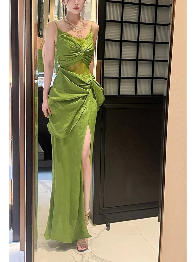 Vintage Sheath Spaghetti Straps Sleeveless Green Slit Prom Dresses Evening Dress - View 3 | VelvetHem