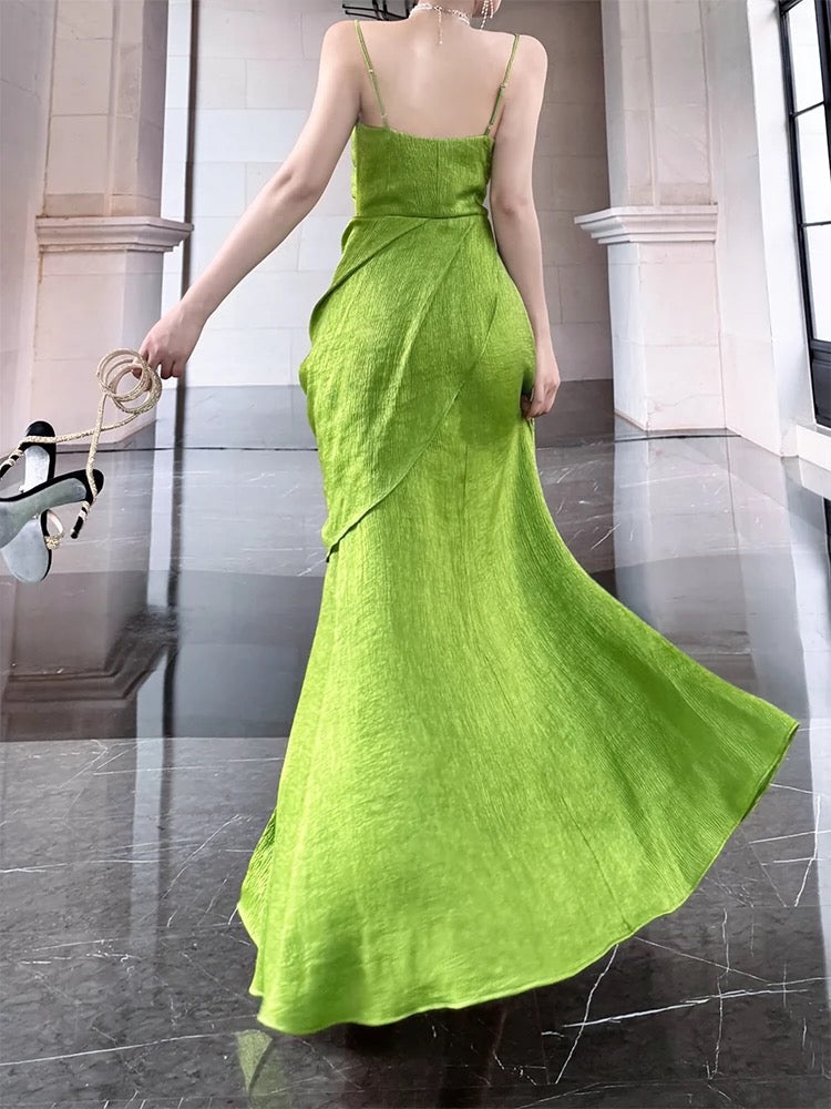 Vintage Sheath Spaghetti Straps Sleeveless Green Slit Prom Dresses Evening Dress - View 5 | VelvetHem