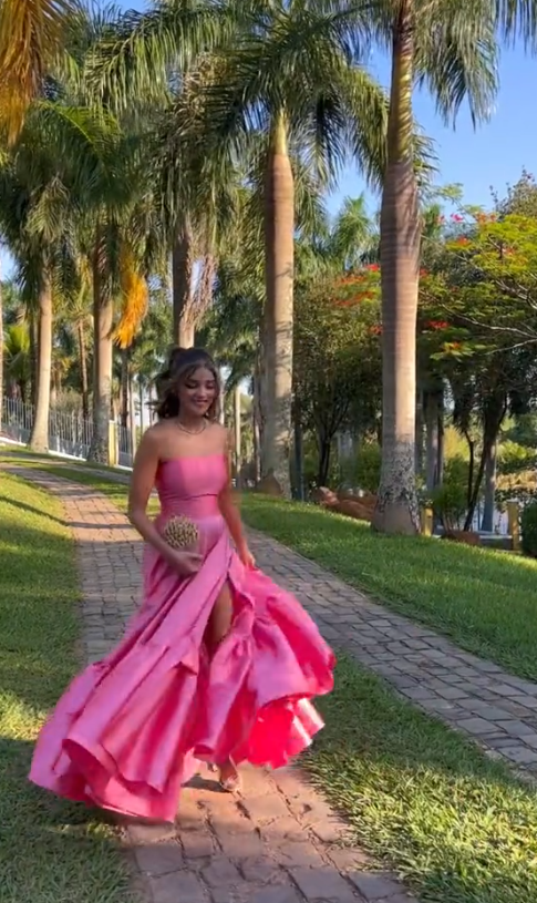 Classy Ball Gown Strapless Pink Floor Length Satin Slit Prom Dresses Evening Gowns
