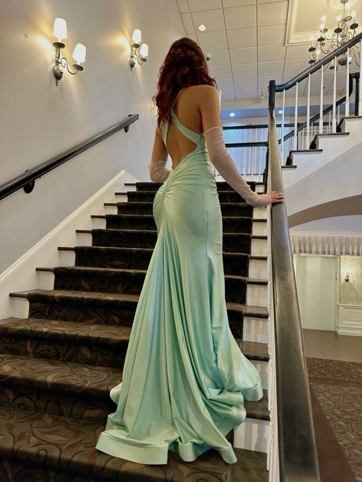 Fancy Mermaid Straps Backless Mint Green Long Prom Dresses