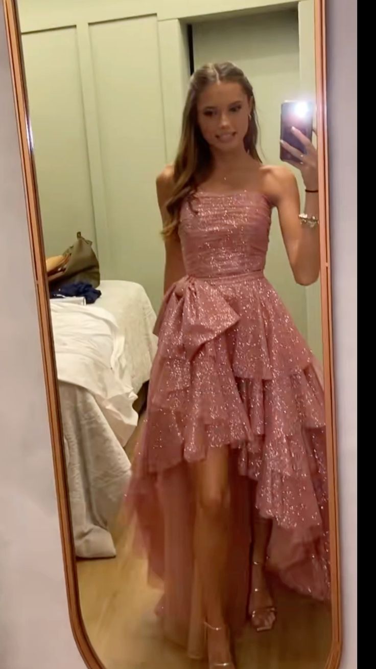 Fancy High Low Strapless Pink Sequin Long Prom Dresses Evening Dress