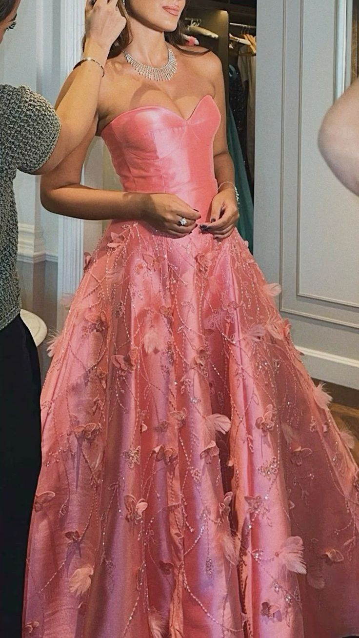 Classy A Line Sweetheart Light Pink Satin Long Prom Dresses Evening Dress With Beads Flowers - View 3 | VelvetHem