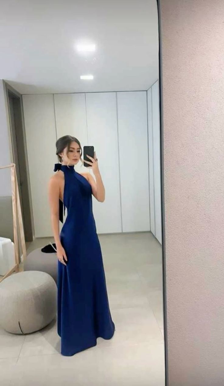 Classy A line High Neckline Streachable Satin Navy Blue Long Prom Dresses Evening Dress - View 2 | VelvetHem