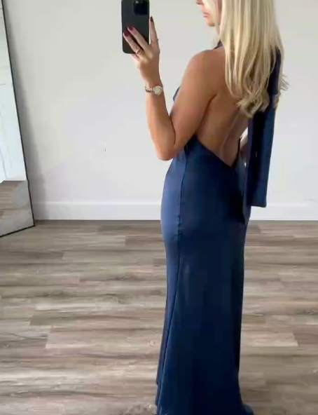 Classy A line High Neckline Streachable Satin Navy Blue Long Prom Dresses Evening Dress - View 6 | VelvetHem