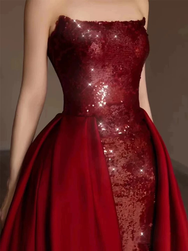 Classy Sheath Strapless Burgundy Sleeveless Long Party Dress Sequin Prom Dresses - View 2 | VelvetHem