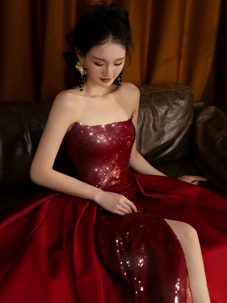 Classy Sheath Strapless Burgundy Sleeveless Long Party Dress Sequin Prom Dresses - View 5 | VelvetHem