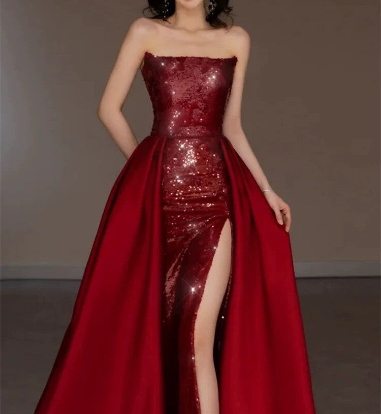 Classy Sheath Strapless Burgundy Sleeveless Long Party Dress Sequin Prom Dresses - View 3 | VelvetHem