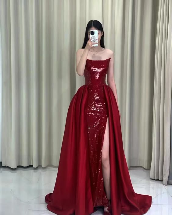 Pretty Strapless Red A Line Long Prom Dresses With Slit