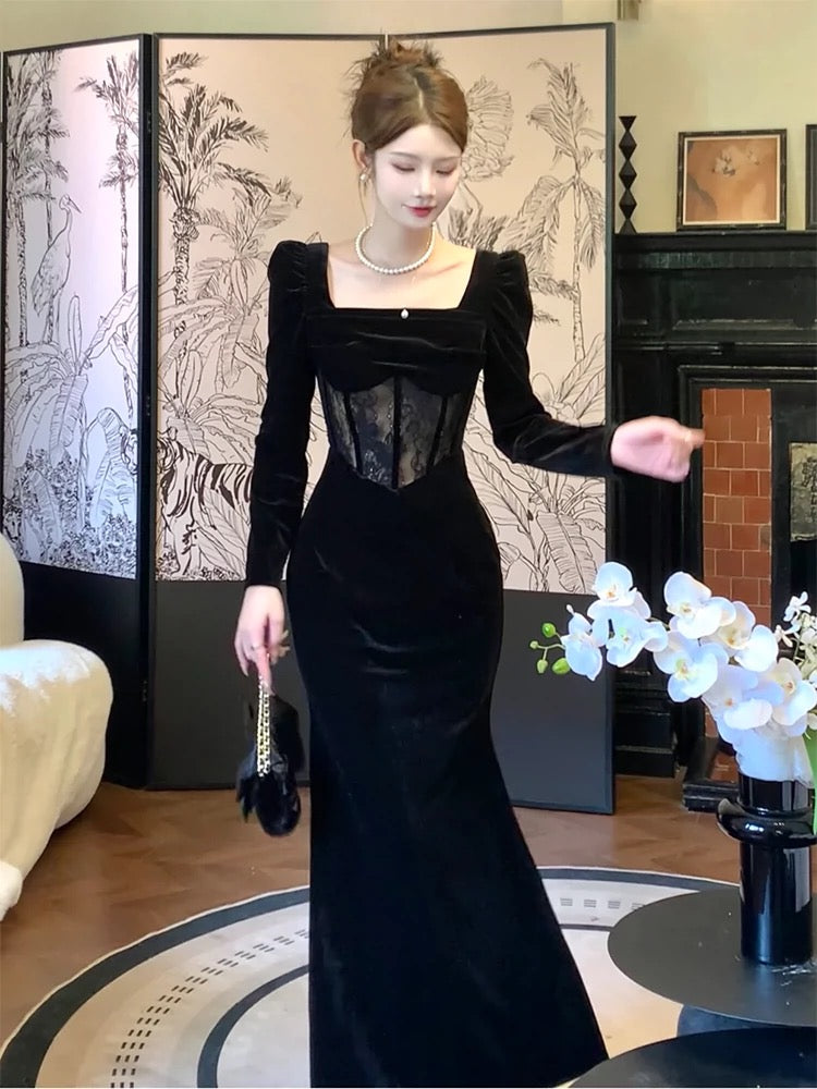 Pretty Sheath Square Neckline Black Velvet Long Sleeves Prom Dresses Formal Evening Dress - View 2 | VelvetHem
