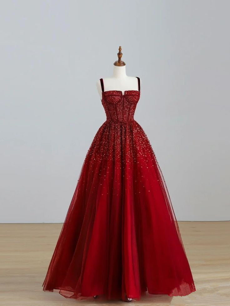 Pretty A line Straps Tulle Sequin Long Burgundy Prom Dresses Formal Evening Dress