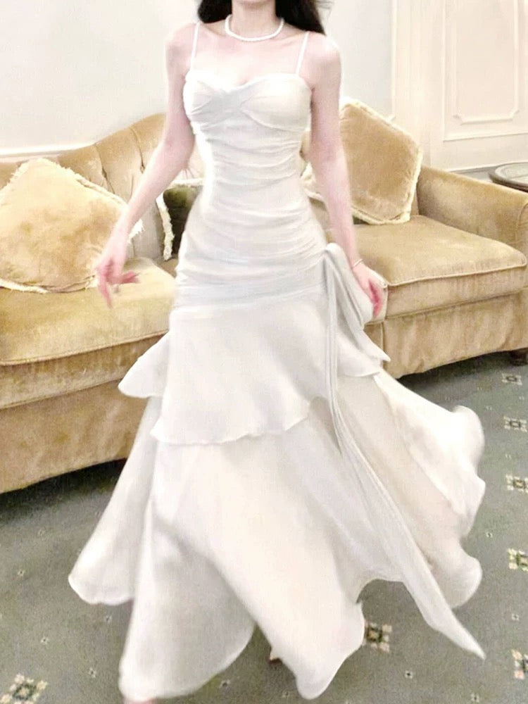 Elegant Sheath Straps Sleeveless White Prom Dresses Long Evening Dress