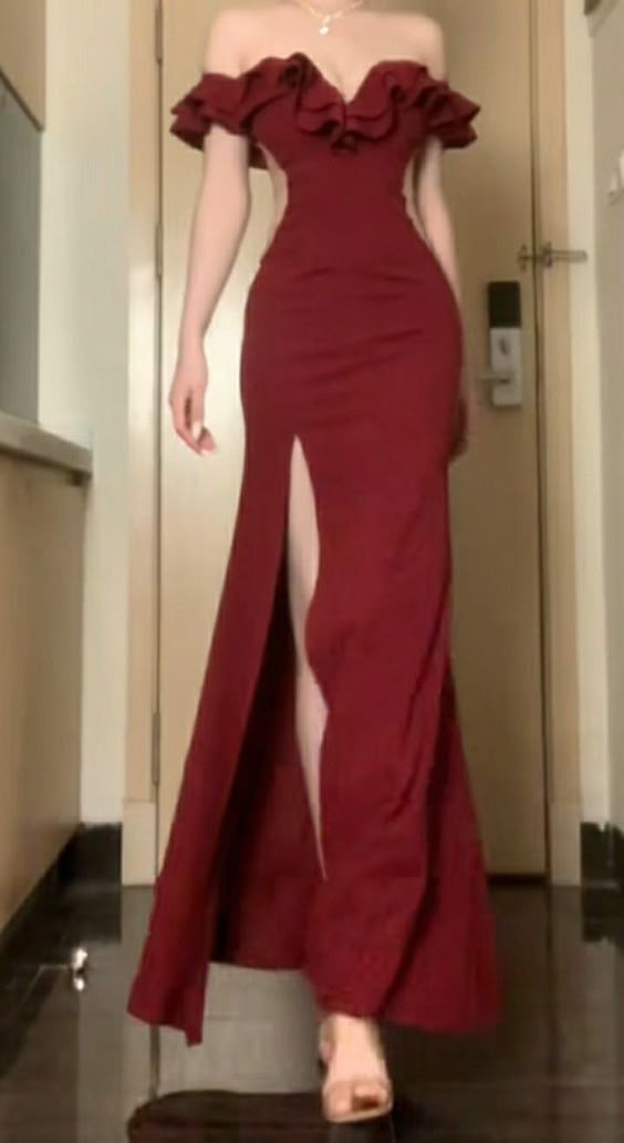 Elegant Sheath Off The Shoulder Burgundy Satin Slit Fold Prom Dresses Long Evening Dress