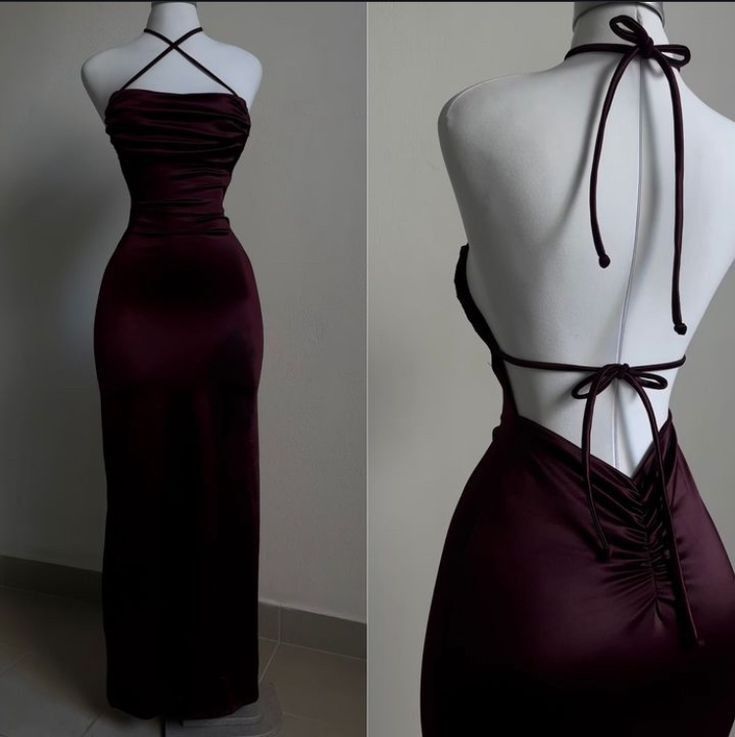 Elegant Sheath Halter Sleeveless Burgundy Satin Backless Prom Dresses Long Evening Dress