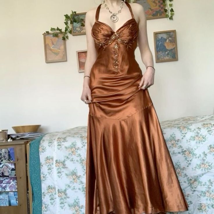 Pretty Mermaid Halter Sleeveless Brown Long Prom Dresses Evening Dress With Beads