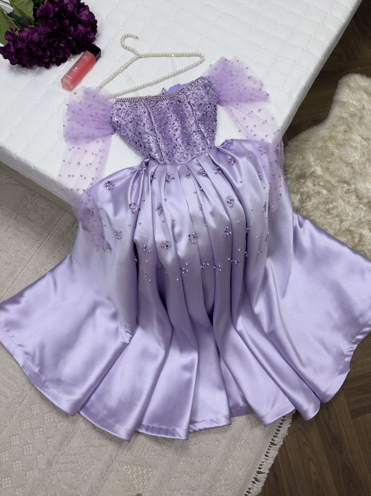 Pretty Ball Gown Strapless Long Puffy Sleeves Lilac Satin Pearls Prom Dresses Long Evening Dress - View 2 | VelvetHem