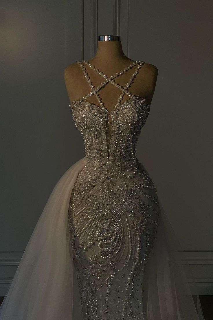 Romantic Wedding Dress Long Mermaid V Neck Spaghetti Strap With Beadings - View 3 | VelvetHem