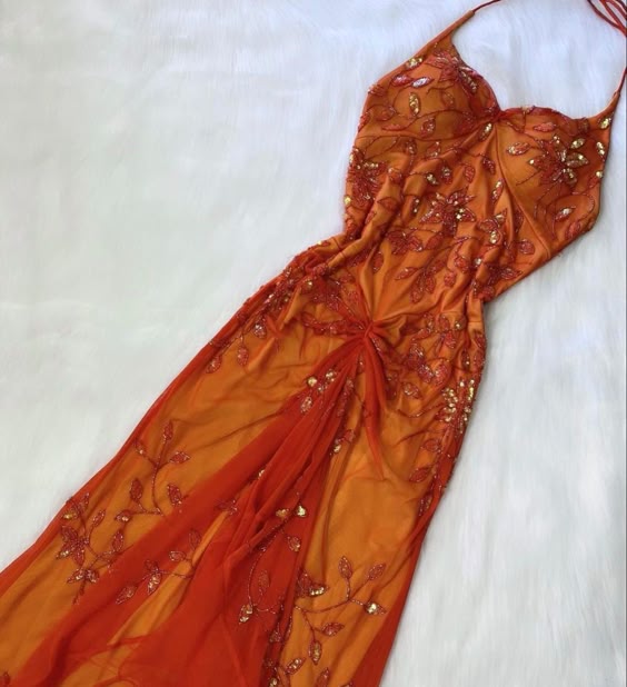 Gorgeous Mermaid Halter Orange Long Tulle Prom Dresses Beads Evening Dress
