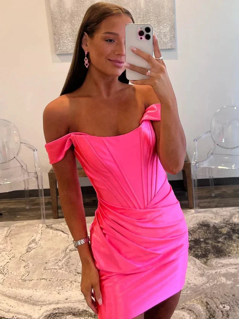 Sheath Off the Shoulder Short Satin Homecoming Dress (ZD11798)