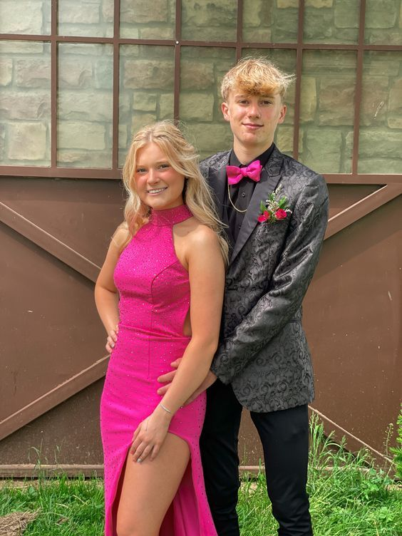 Beaded Slit Sheath Prom Dress Hot Pink Long Evening Dress - View 3 | VelvetHem