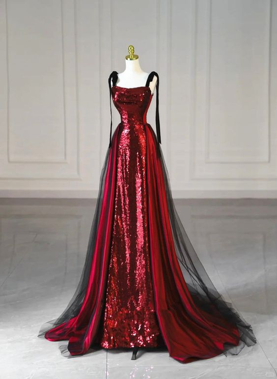 Sheath Sequins with Black Tulle Straps Long Party Dress, Sequins Prom Dress