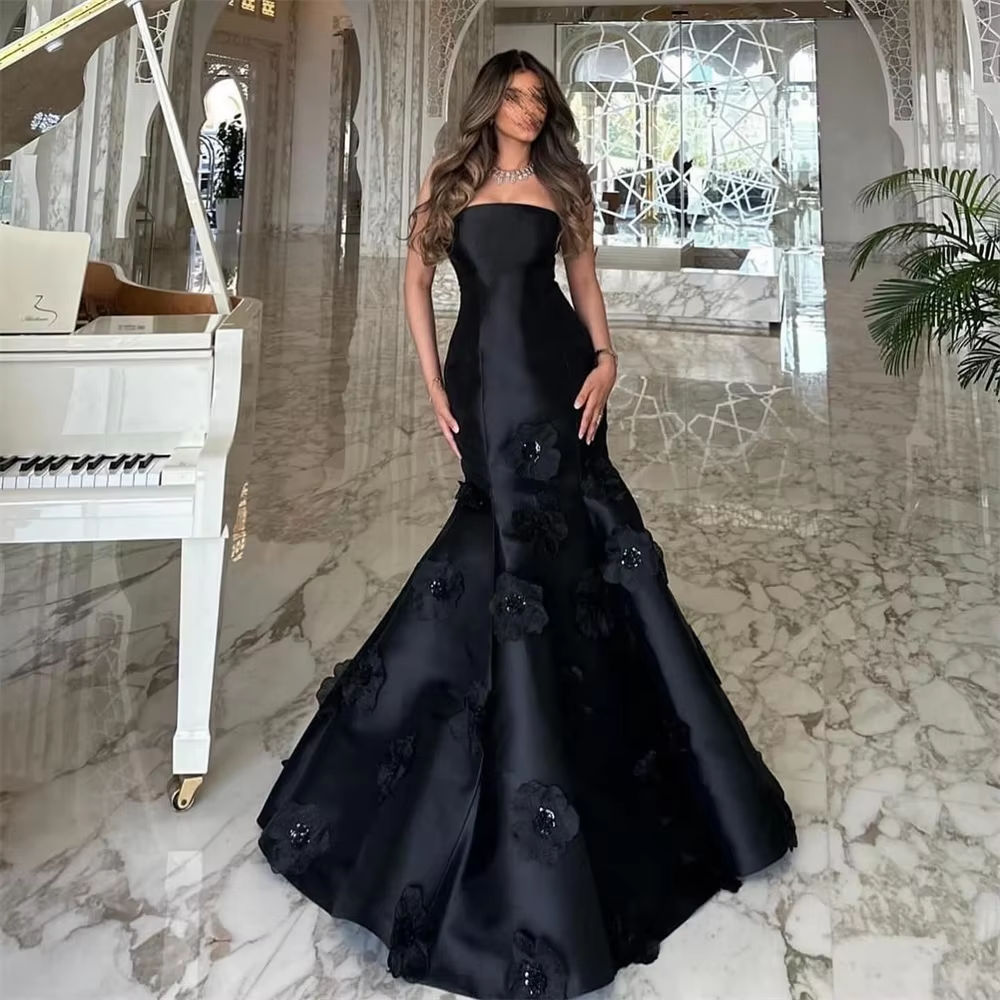 Classy Mermaid Strapless Sleeveless Satin Black Long Prom Dresses Evening Dress - View 4 | VelvetHem