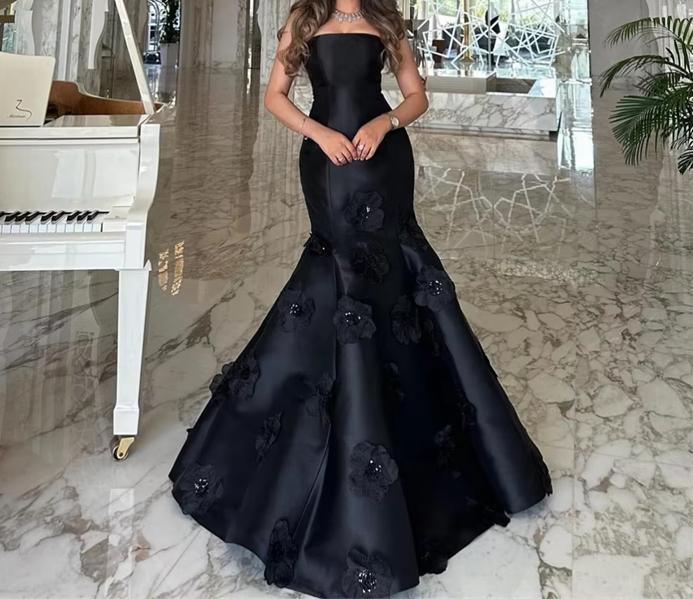 Classy Mermaid Strapless Sleeveless Satin Black Long Prom Dresses Evening Dress - View 2 | VelvetHem