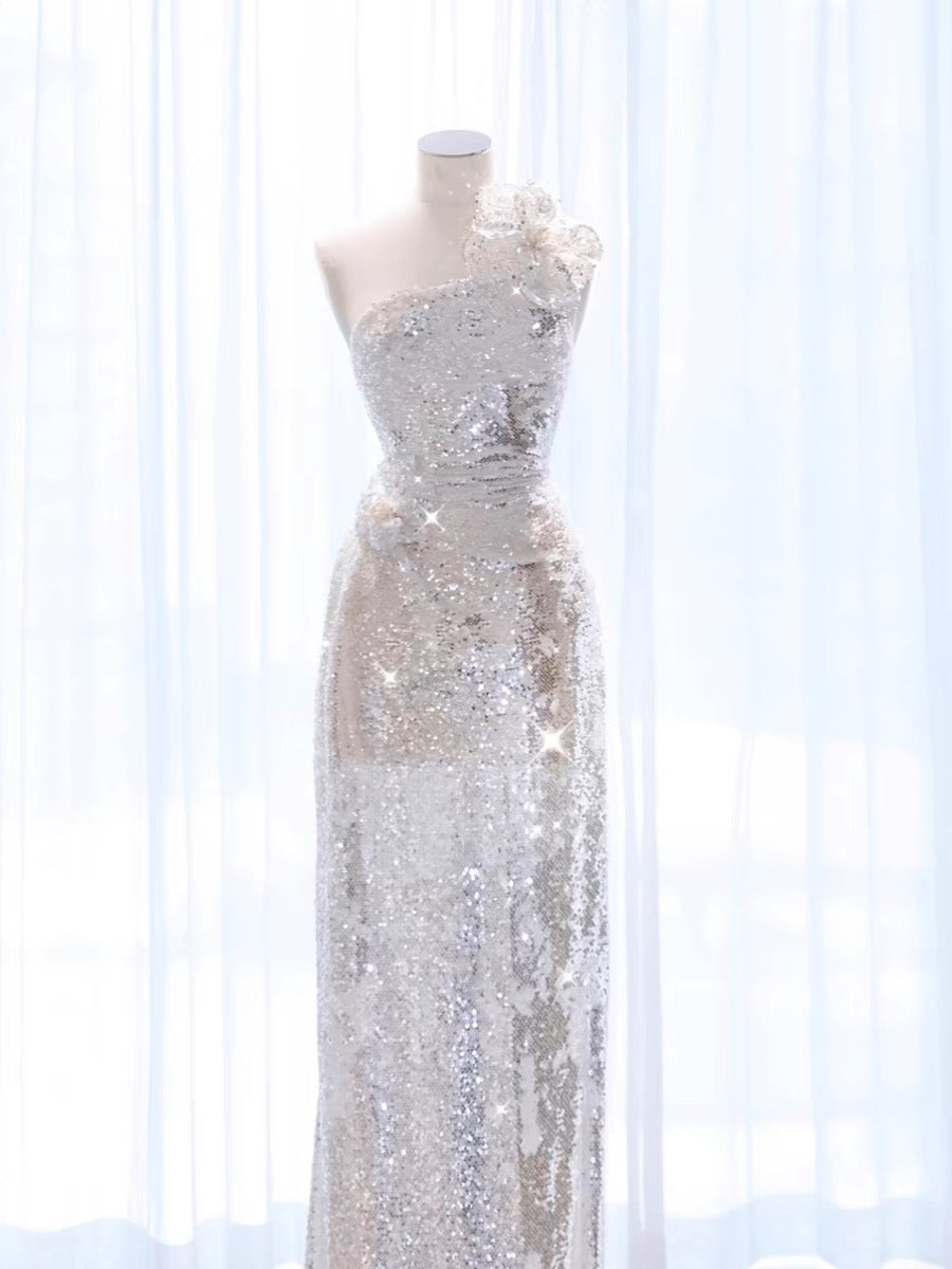 Elegant A Line One Shoulder Silver Sequin Party Dress Prom Dresses Evening Dress