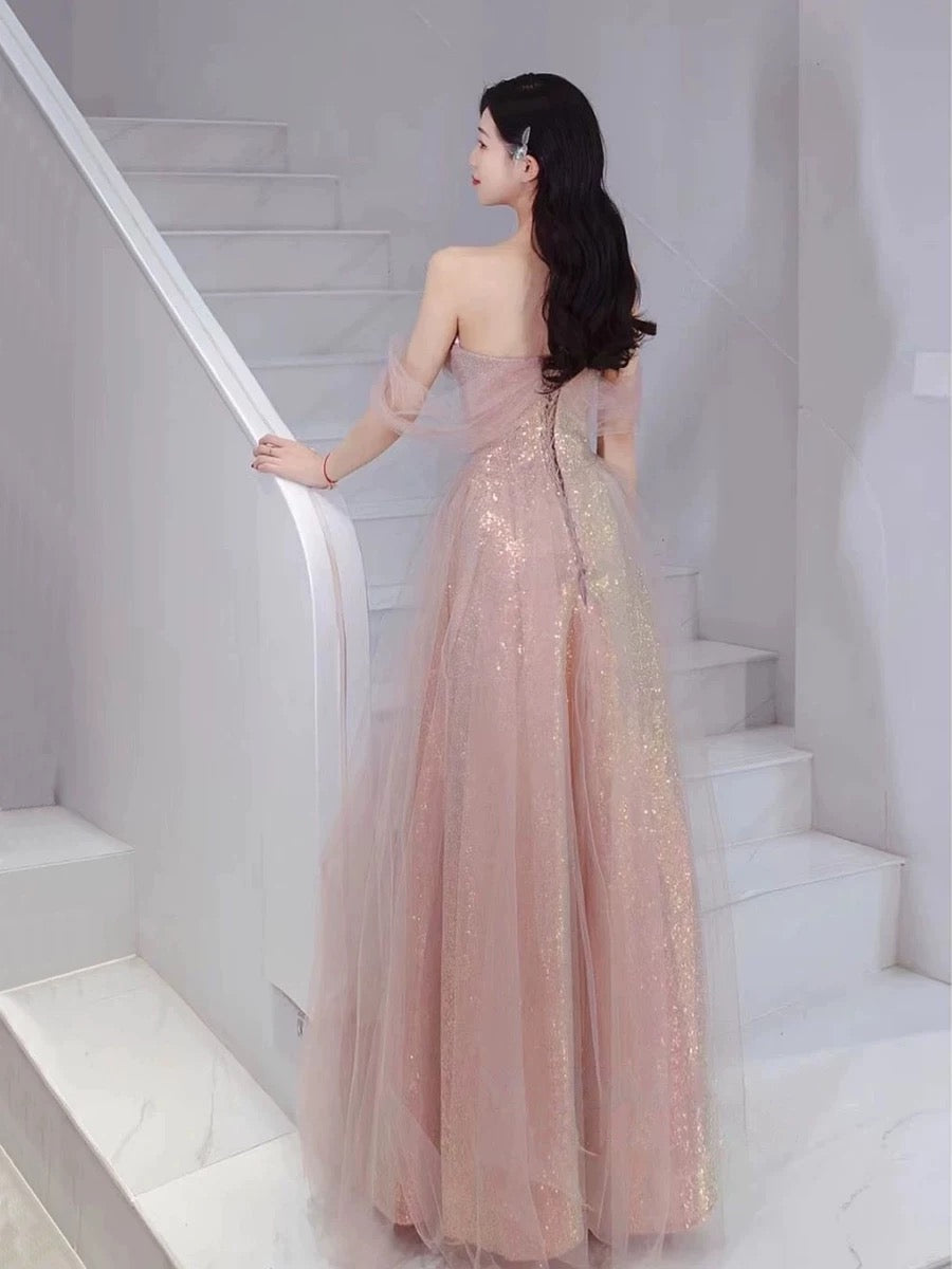 Elegant A Line Spaghetti Straps Pink Sequin Long Prom Dress Evening Dresses