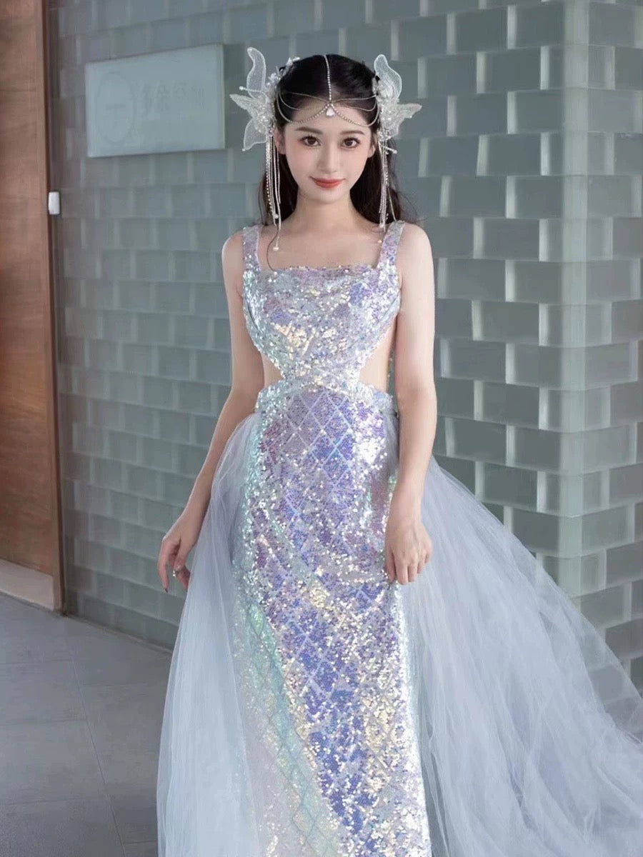 Elegant Mermaid Square Neckline Blue Sequin Long Prom Dress Evening Dresses