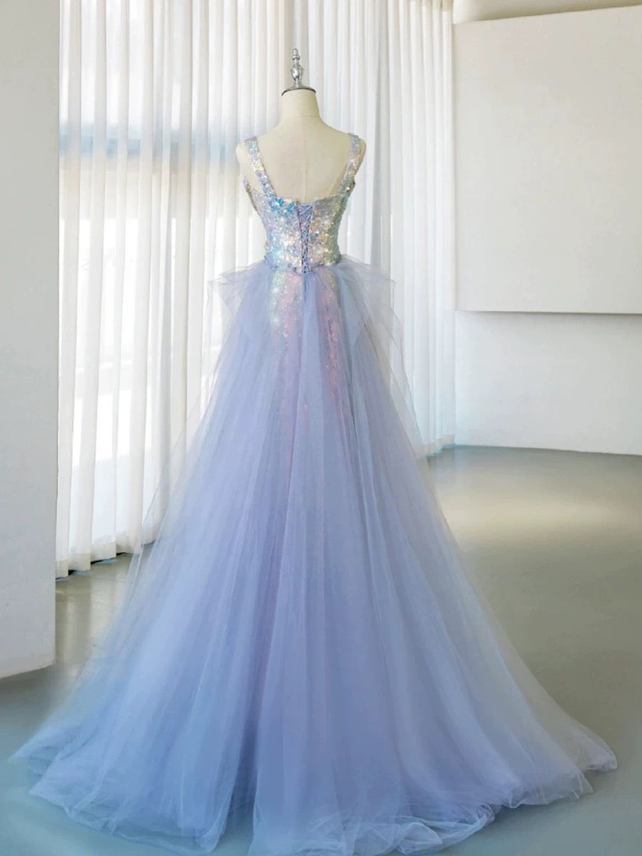 Elegant Mermaid Square Neckline Blue Sequin Long Prom Dress Evening Dresses