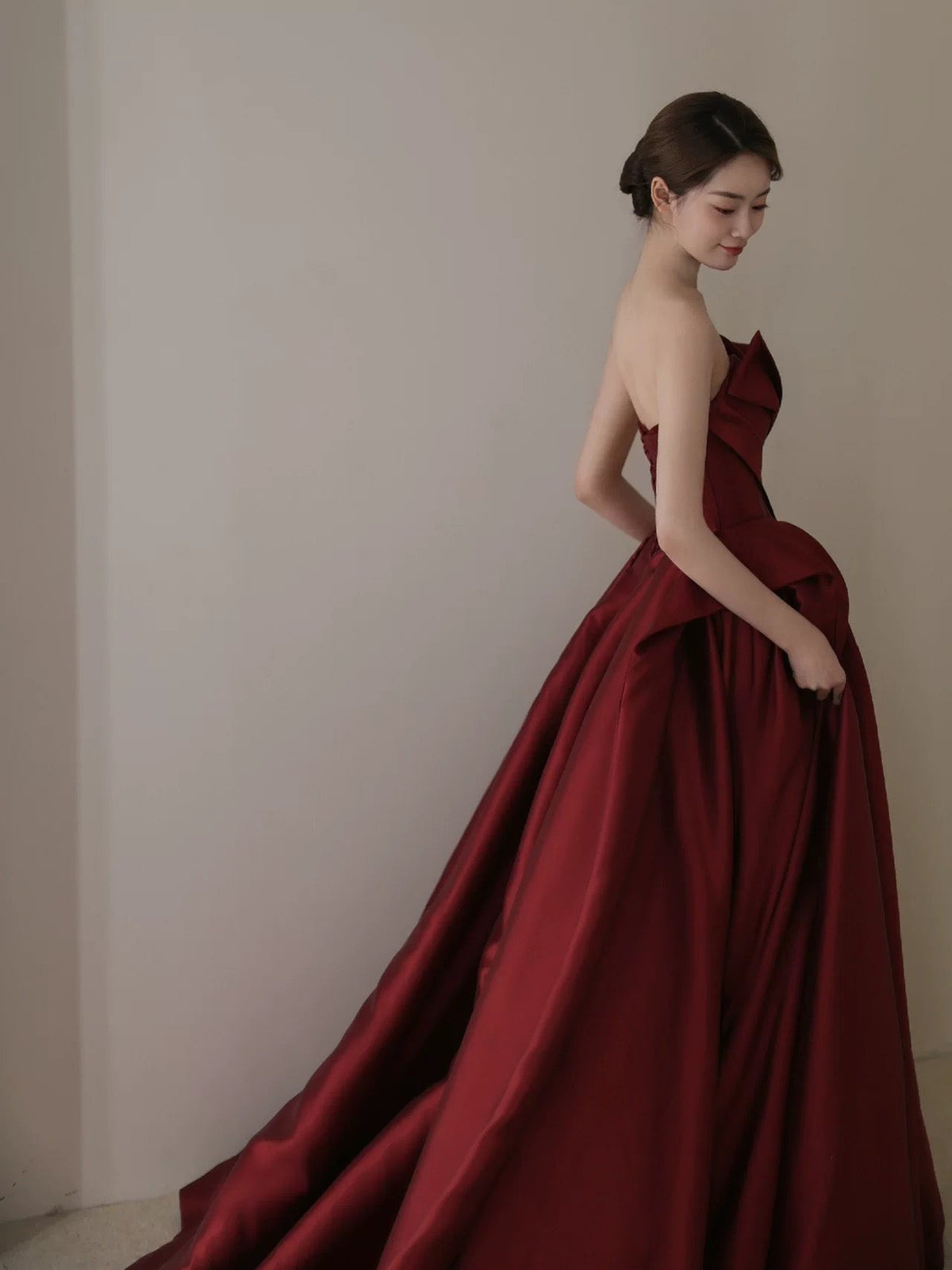 Elegant Ball Gown Strapless Burgundy Satin Long Prom Dress Evening Dresses - View 2 | VelvetHem
