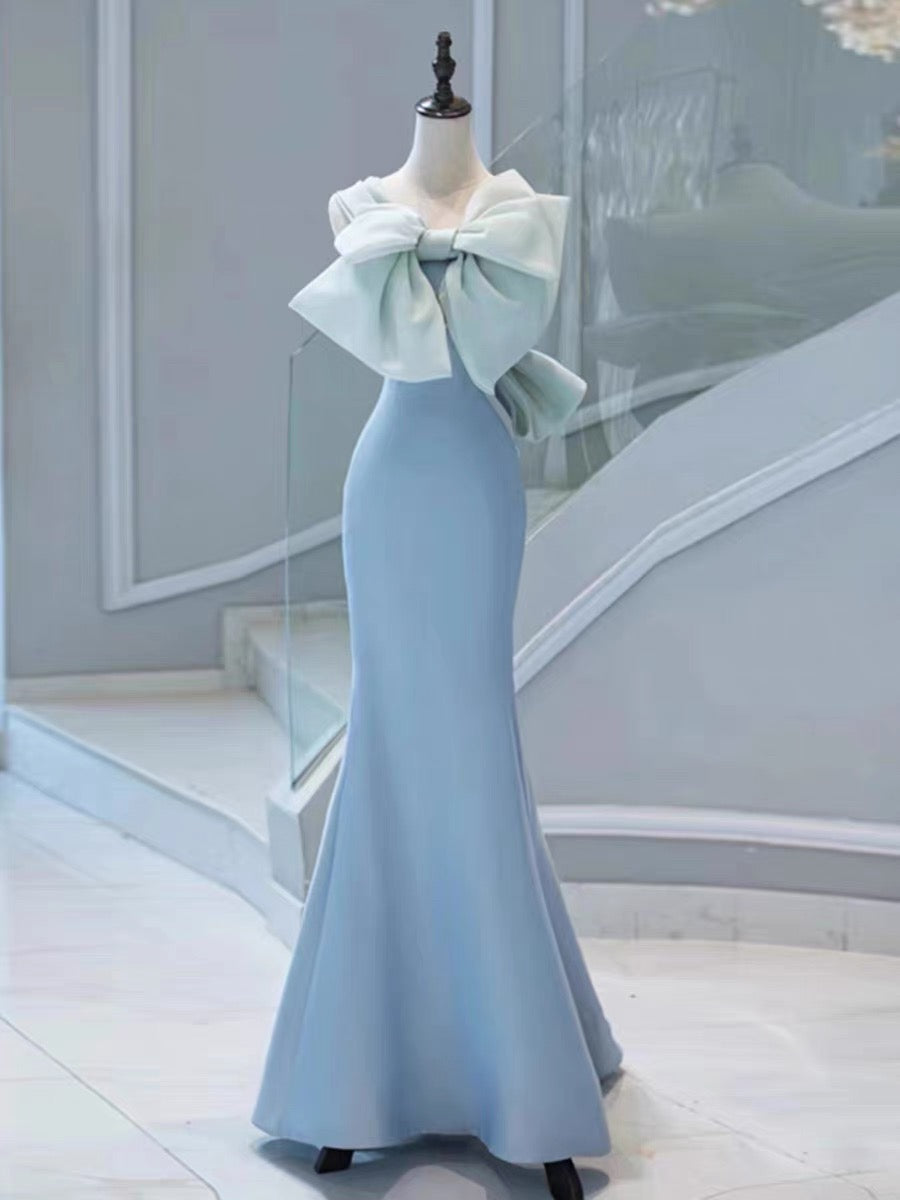 Elegant Mermaid Satin Blue Long Prom Dresses With Bow-knot Party Dress - View 3 | VelvetHem