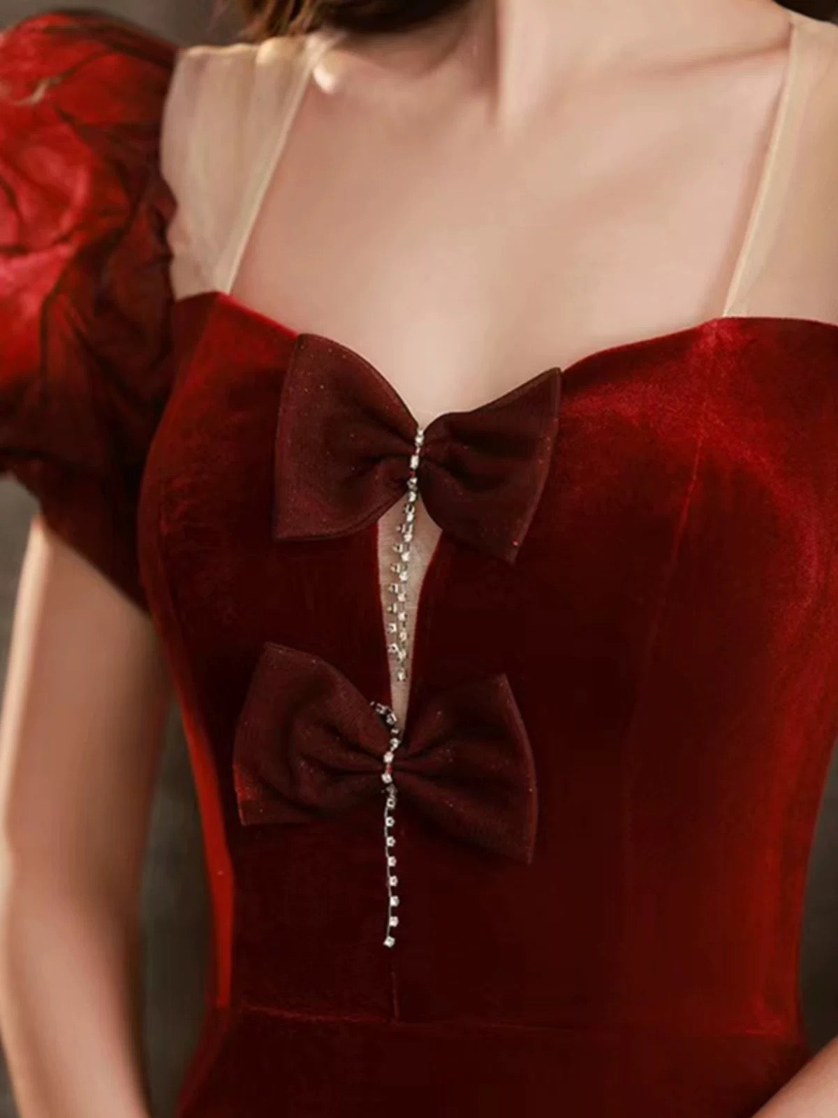 Elegant Mermaid Sweetheart Burgundy Short Sleeves Long Prom Dress Evening Dresses - View 4 | VelvetHem